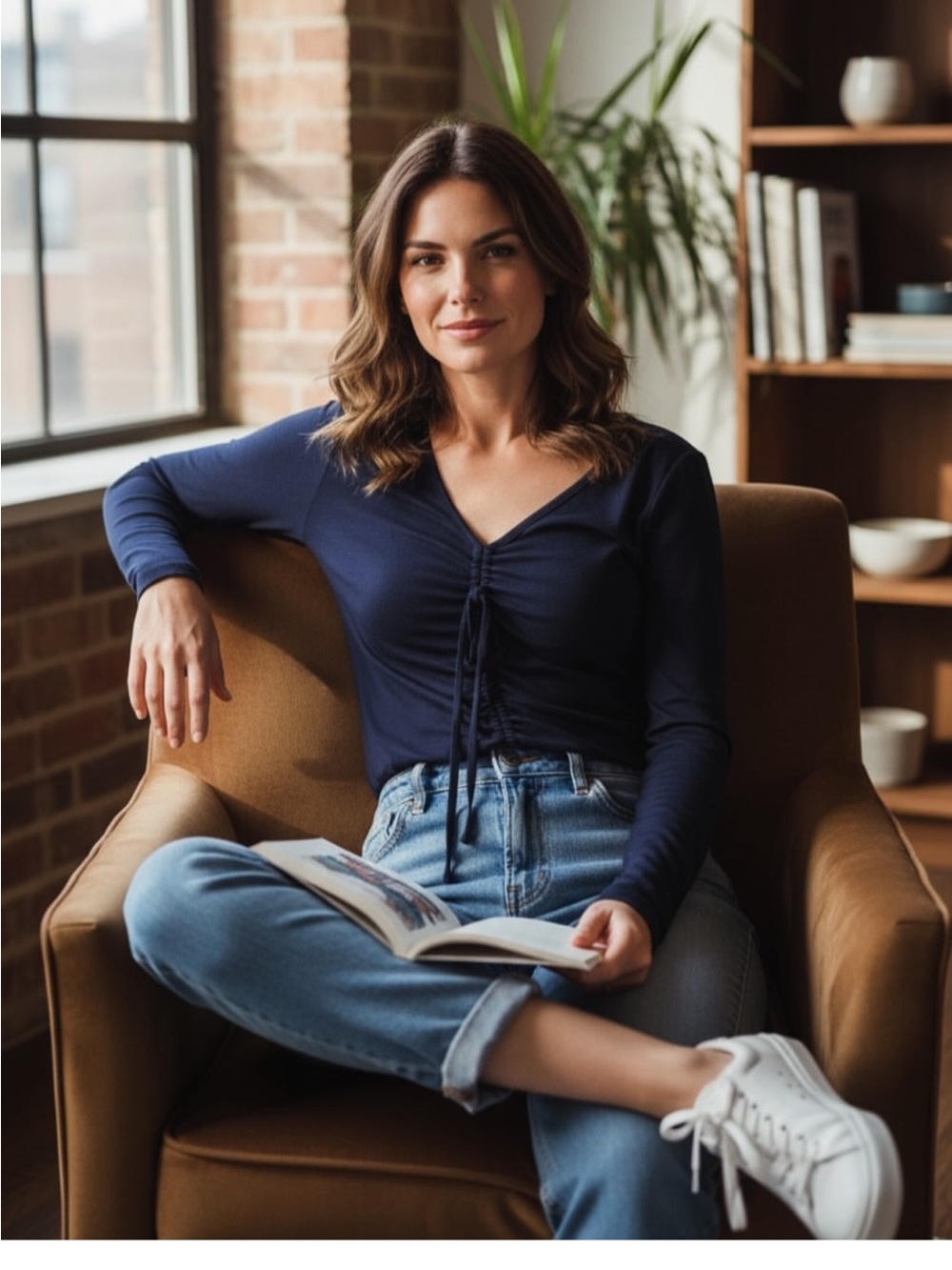Veronica Beard Navy Long Sleeve Top with Ruched Front